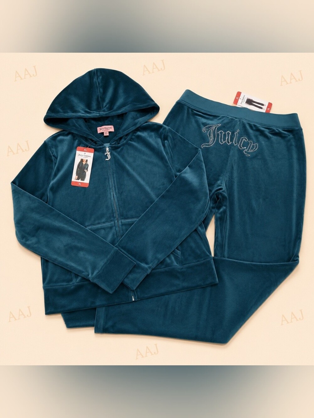 Juicy Couture Turquoise Velour Hallow Rhinestone Logo Zip Hoodie & Pants - XL